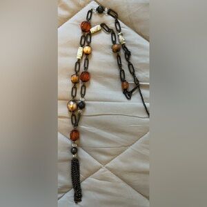 Vintage 70s boho tassel Elegant Amber and Cream Beaded Necklace